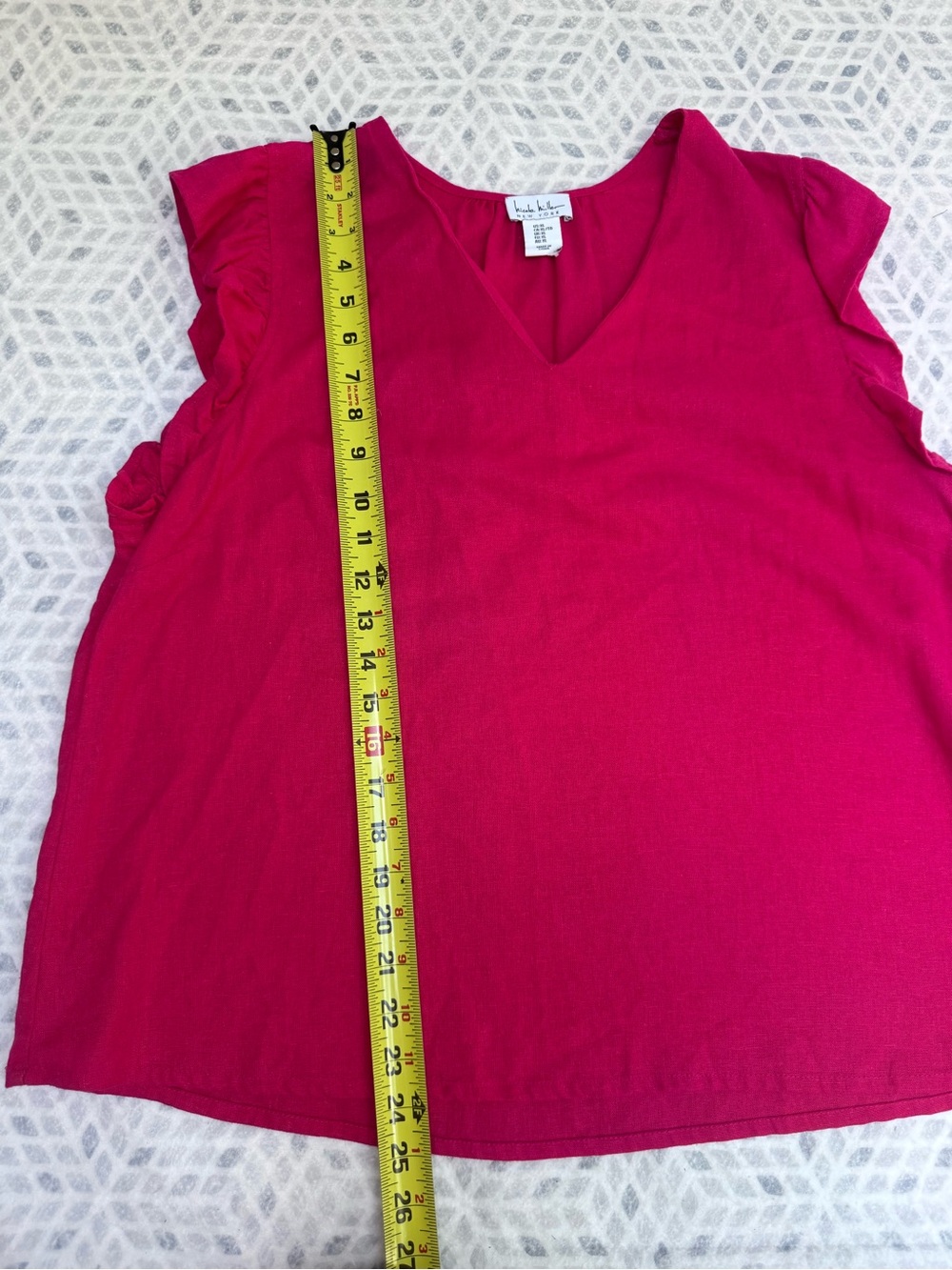 Nicole Miller New York Pink Linen Blend Ruffle Sleeve V-Neck Blouse XL Vacation - Picture 6 of 10